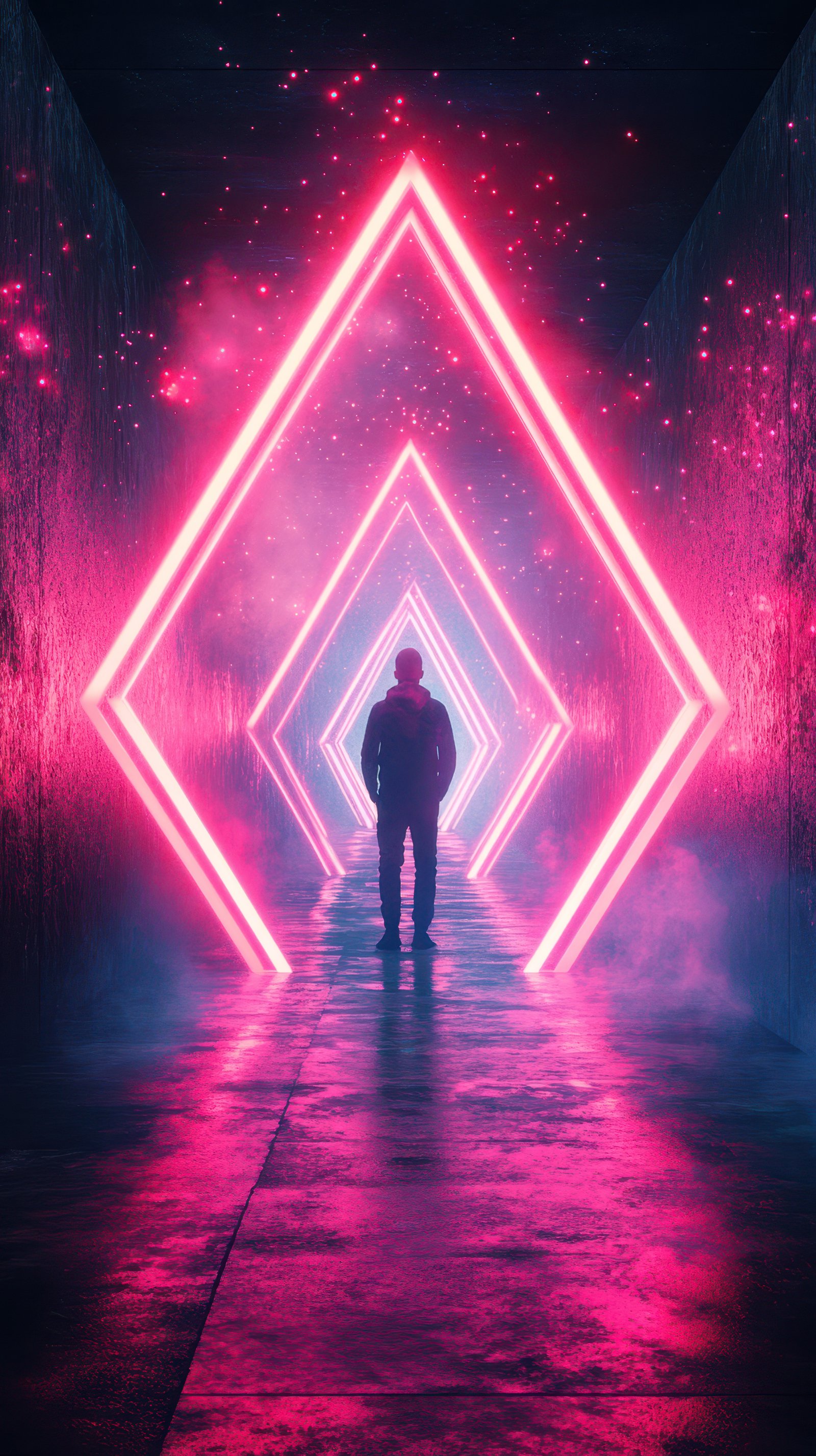 Mysterious journey through neon-lit corridor with glowing diamonds at night